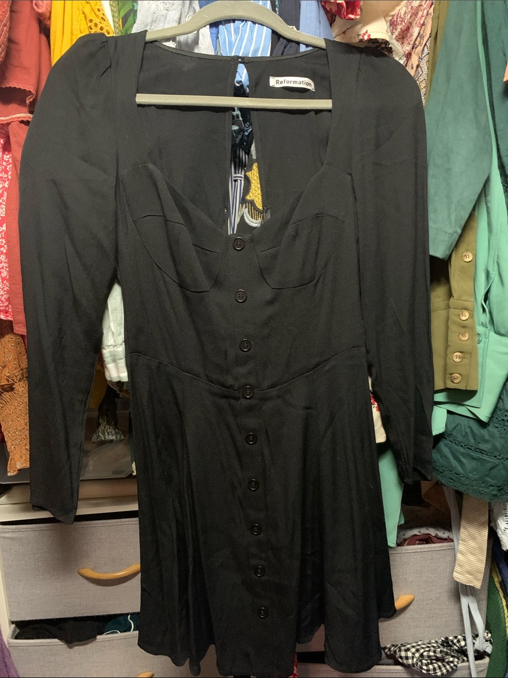 Reformation Black Long-Sleeve Button Front Fit-and-Flare Dress